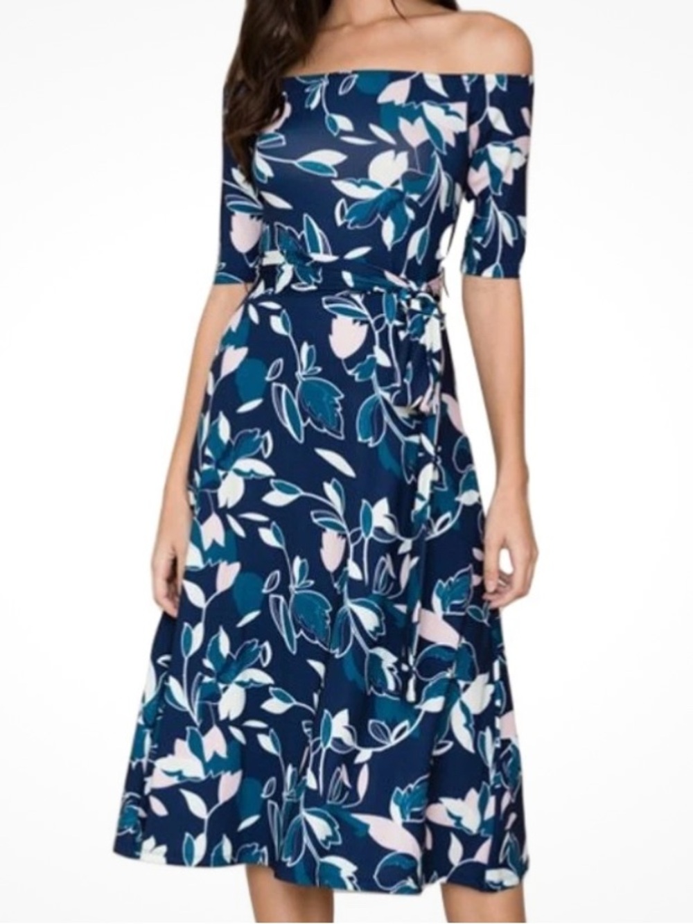 YUMI KIM Riverside Floral Skip A Beat Dress Off Shoulder Midi Tropical Dress M